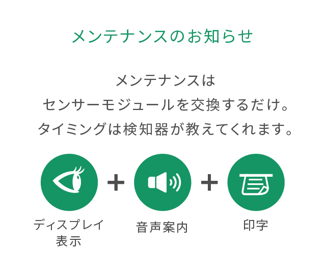 メンテナンスのお知らせ メンテナンスはセンサーモジュールを交換するだけ。タイミングは検知器が教えてくれます。